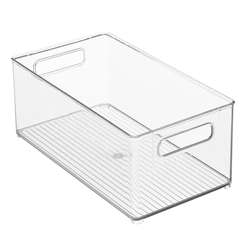 Deep Plastic Kitchen Storage Organizer Container Bin for Pantry, Cabinet, Cupboard, Shelves, Fridge, or Freezer - Holds Dry Goods, Sauces, Condiments, Drinks, Ligne Collection, 4 Pack, Clear - view 4