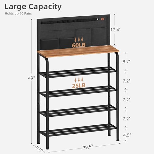 5 Tier Shoe Rack for Entryway, Metal Shoe Shelf with Storage Pocket and MDF Top Board, 16-20 Pairs Free Standing Shoes Organizer for Closet, Black - view 3