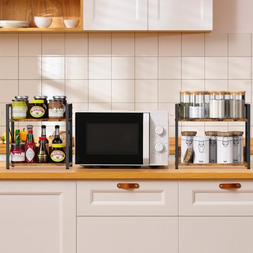 2 Tier Kitchen Counter Shelf Organizer, Coffee Bar Station Organizer for Countertop，Space Saving Spice Rack, Desk Shelf Riser, Coffee Bar Accessories(Rustic Brown, Medium) - view 2