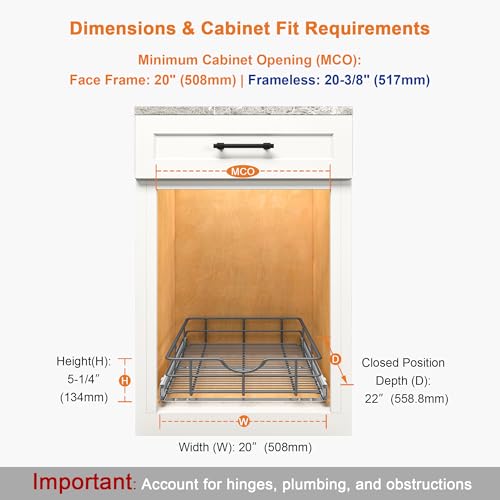 Pull Out Shelves - 20" W x 22" D Soft Close Pull Out Cabinet Organizer 1 Tier - Slide Out Drawers with Shelf Liner, Heavy Duty Steel Wire Baskets for Kitchen Cabinets, Pantry, Bathroom - view 2