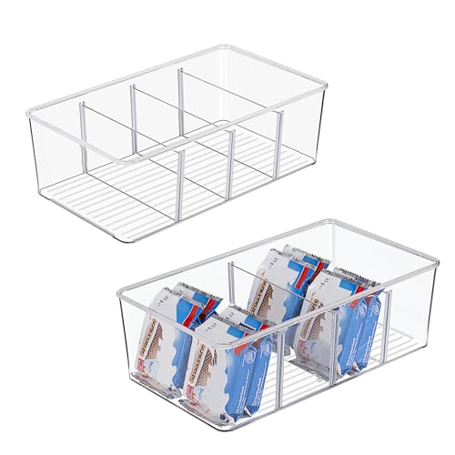 2 Pack Food Storage Organizer Bins, Clear Plastic Bins for Pantry, Kitchen, Fridge, Cabinet Organization and Storage, 4 Compartment Holder Packets, Snacks, Pouches, Spice Packets