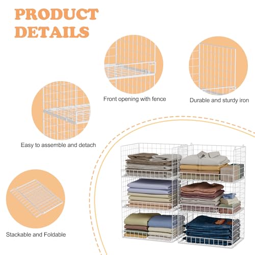 6-Tier Stackable Closet Organizers and Storage Shelves, Closet Shelf Organizer Basket Bins, Foldable Sweater Storage for Clothes Organizer System, White（Patent No. 30022416） - view 6