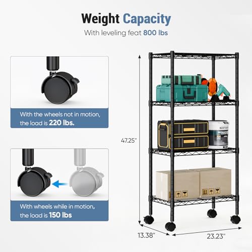 Industrial 4 Level Grid Storage Rack ，Mobile Metallic Shelving System with Lockable Wheels， Multi-Purpose Cabinet for Workshop, Culinary Space, Storeroom, Washroom & Restroom Black - view 3