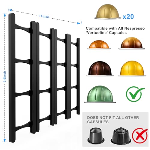 Coffee Pod Holder Compatible with Nespresso VertuoLine Capsules – 20-Pod Space-Saving Organizer for Wall, Cabinet, or Under-Counter Mount, Black - view 2