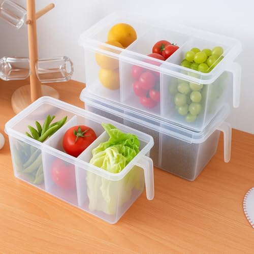 Refrigerator Storage Organizer 3500ml 3 Compartments Space Saving Clear Fridge Container for Fruits Vegetables Durable Plastic Multifunction Storage