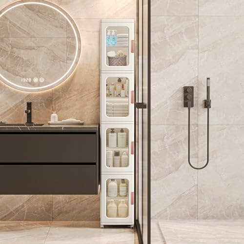 Narrow Storage Cabinet with Doors and Shelves Tall Skinny Bathroom Storage Kitchen Cabinet with Adjustable Shelf Cabinet Organizer Toilet Paper Storage Linen Closet 4 Layer (White) - view 2