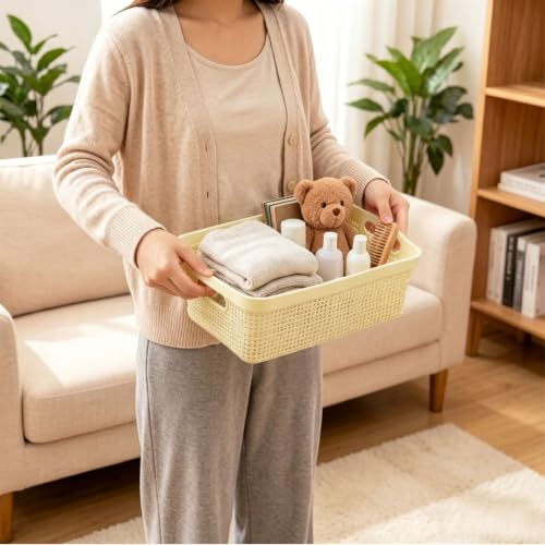 Plastic Storage Baskets, Small Pantry Baskets for Organizing, Woven Basket Organizer Basket Bins for Shelves, Organizer and Storage for Bathroom, Bedrooms, Kitchens (Milky white) - view 3