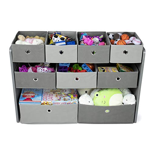 Kids Toy Organizer with 9 Storage Fabric Bins, Grey & Grey/White Kids Book Rack Storage Bookshelf, 4 Tiers - view 5