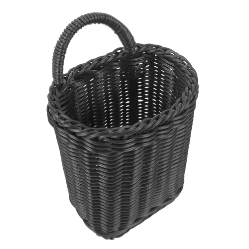 Black Hanging Woven Basket with Handle, Plastic Wall Storage