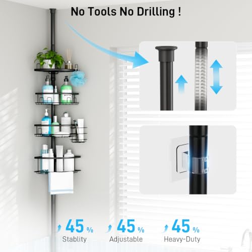 Corner Tension Pole Shower Caddy, 4 Tier Rustproof Shower Tension Rod Organizer with Soap Holder & Hooks, Adjustable 33-125 Inch Bathroom Shelf for Renters - Family Stand Storage Rack, Black - view 5