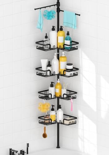 Shower Caddy Tension Pole with 2 Towel Bars, Bathroom Organizer