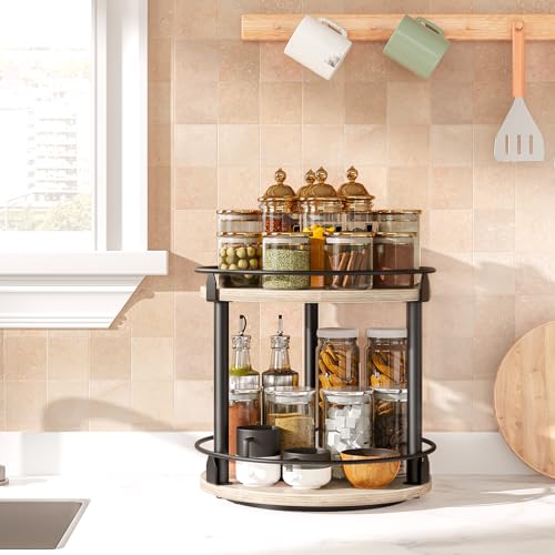 Lazy Susan Organizer, Rotating Spice Rack, 2 Tier Spice Turntable Organizer, Industrial Turntable Spice Holder, for Kitchen Countertop and Cabinet, Compact and Versatile, Greige SR22BG - view 2