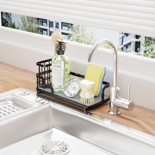 Sponge Holder for Kitchen Sink - Sink Caddy Organizer with Water Absorbing Stone Tray, Detachable Brush Holder, Stainless Steel Kitchen Counter Organizer Rack, Black - view 6
