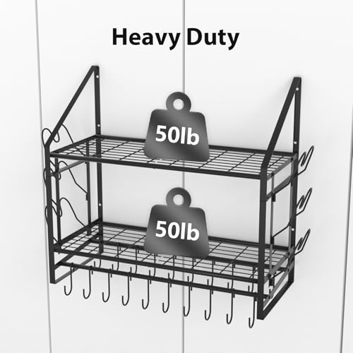 28 Inch Pot Rack Wall Mounted, 2 Tier Pots and Pans Organizer with 20 Hooks and 6 Pot Lid Holders, Heavy Duty Steel Pot and Pan Hanger for Kitchen Cookware Utensils Storage 34.7" Lx13 Wx26.4 H - view 4