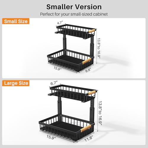 Under Sink Organizer, Adjustable Height, 2 Tier Pull Out Under Cabinet Organizer, Slide Out Thickened Metal Under Sink Storage for Kitchen Bathroom Laundry Pantry Cabinet, Black, Small-2-Pack - view 2