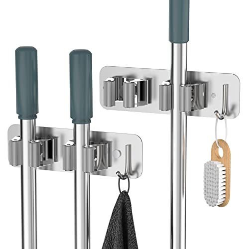 Wall Mount Mop and Broom Holder, Heavy Duty Stainless Steel Organizer Rack with Hooks | 2-Pack, 2-in-1 No Drill & Screw Installation, Silver