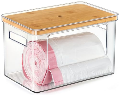 Stackable Storage with Bamboo Top for Laundry Room Organization, Extra Large Trash Bag/Garbage Bag Dispenser, Under Sink Organizer, Pantry Organizers