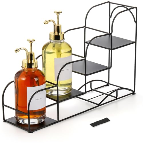 4-Tier Syrup Bottle Holder, Iron 4 Compartment Bottle Organizer Rack, 16" Countertop Display Storage Shelf Bottle Stand, Metal Coffee Bar Organizer for Dressing, Wine, Juice, Kitchen, Black