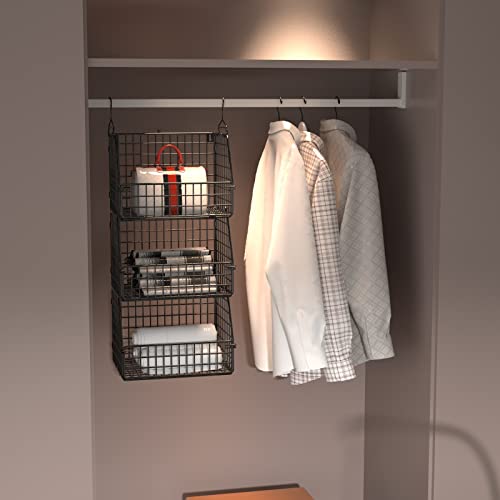 Stackable Wire Storage Baskets for Kitchen Closet Pantry, Hanging Closet Organizers Storage Shelves Organization, Wall Mount Metal Basket Bins, Clothing Vegetable & Fruit Organizer 3 pcs - view 2