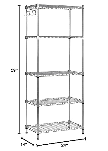 WS241459-5S 5 Tier Wire Shelving with Hooks in Silver, 59" Height, 24" Width, 14" Length - view 2