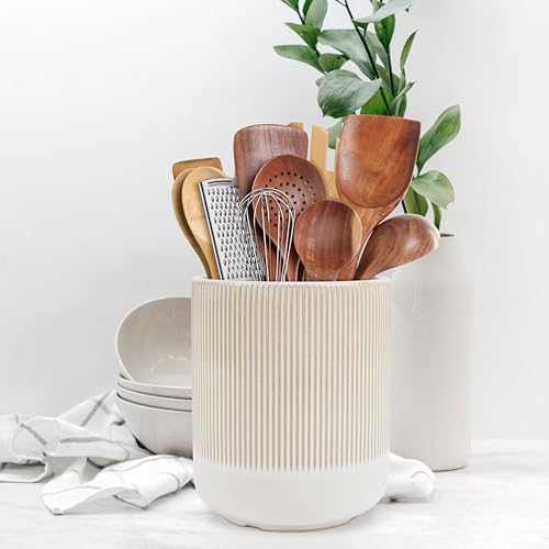Kitchen Utensils Holder Large,Ceramic Utensil Organizer for Countertop,Morden Utensil Crock for Spoon Spatula,Home Kitchen Decor (Light Coffee) - view 7