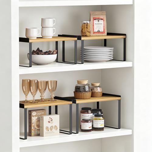 Cabinet Shelf Organizer Set of 4, Kitchen Counter Shelf Riser for Plates Dishes Cups Mugs Spices, Pantry Cupboard Cabinet Organizers and Storage Shelves Rack Insert for Countertop (Bamboo Wood) - view 2