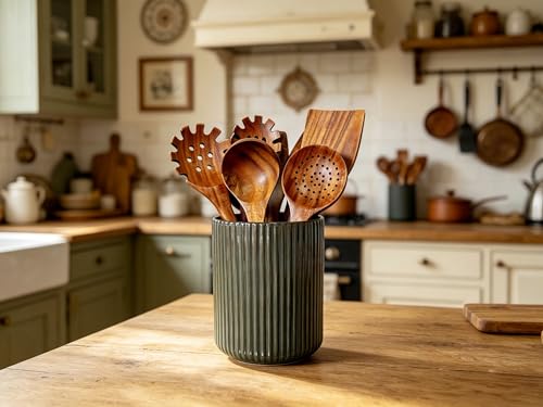 Large Stoneware Kitchen Utensil Holder for Kitchen Counter & Countertop Cooking Utensil Holder Spatula Holder Utensil Crock for Kitchen Counter Vertical Ribbed Fluted Stripe (Retro Bronze) - view 3