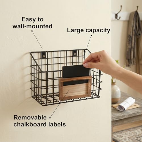 10 Inch Wall Mounted Matte Black Metal Wire Storage Baskets with Chalkboard Labels, Small Hanging Organizer Bins for Home Entryway Kitchen Pantry Closet, Set of 3 - view 4