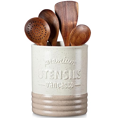 Sabine Ceramic Utensil Holder for Kitchen Counter, 7.2" Large Utensil Crock, Matte Cream Farmhouse Kitchen Utensil Holder, Countertop Organizer for Spoons, Spatulas and Cooking Tools