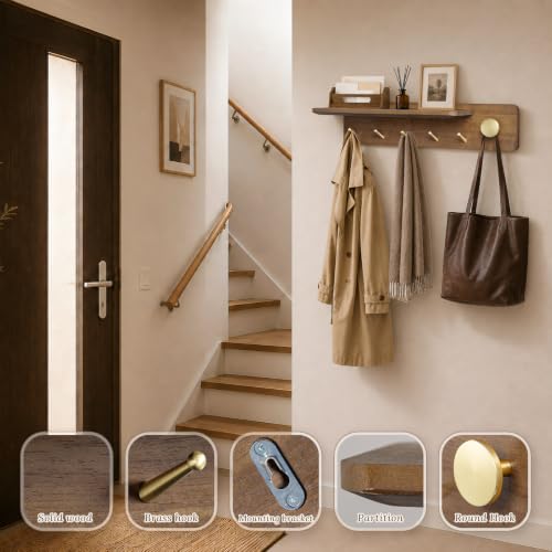 Coat Rack Wall Mount with Shelf, Solid Wood, 5 Brass Hooks, Brown - view 4