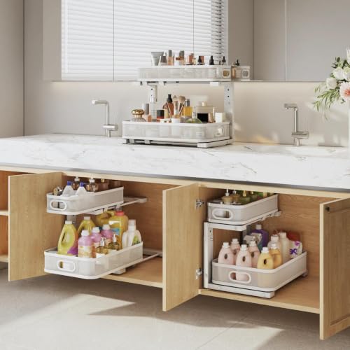 2 Pack Under Sink Organizer With Smooth Cylindrical Rail,2-Tier Pull Out Multi-Purpose Cabinet Storage for Bathroom&Kitchen,Height Adjustable,Rust-resistant Coating-White - view 6