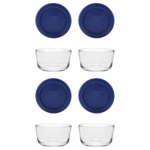 7202 1-Cup Glass Bowls & Dark Blue Lids (4-Pack) - Made in USA