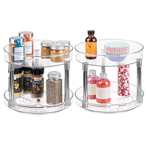 2-Tier Lazy Susan Turntable for Kitchen Cabinets, Shelf, Table, Countertop, 9" Multi Level Rotating Organizer Carousel, Storage Turntable Organizer, Ligne Collection, 2 Pack, Clear/Chrome