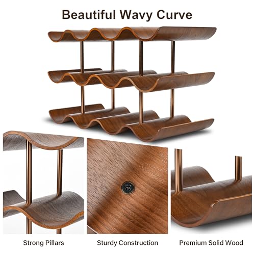 Countertop Wine Rack - 12 Bottle Freestanding Wine Bottle Holder Stand - 3 Tier Wooden Wine Storage Rack - Walnut Wavy Wine Organizer for Cabinet Pantry Home Kitchen Bar - view 3