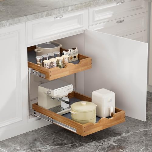 2 Tier Pull Out Cabinet Organizer (17"W x 21"D), Double Tier Slide out Wood Drawer Shelf, Pull Out Shelves for Base Cabinet Organization in Kitchen, Pantry, Bathroom - view 5