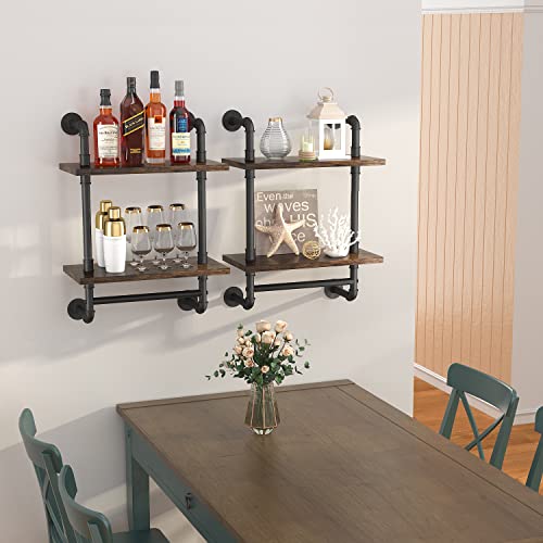 2 Tier Industrial Pipe Floating Bathroom Shelves Wall Mounted with Towel Bar, Rustic Wood Wall Shelf, 16 Inch Metal Towel Rack Storage Bookshelf for Bathroom, Kitchen, Farmhouse, Living Room - view 5