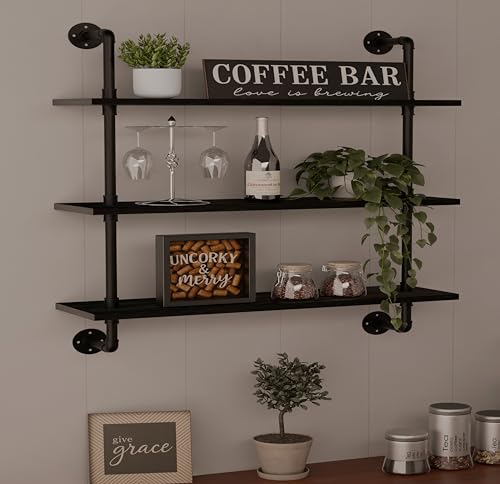 Industrial Pipe Shelf Shelving Bookcase, Wall Mounted Rustic Bookshelf, Floating Bookshelves for Wall,Retro Wood Metal Pipe Industrial Shelves for Living Room - view 4