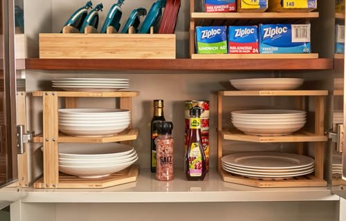 Plate Organizer for Cabinet, Bamboo Corner Shelf, Dish & Bread Organizer, Spice Rack, Kitchen Bathroom Countertop Storage Organization Space Saver - view 6