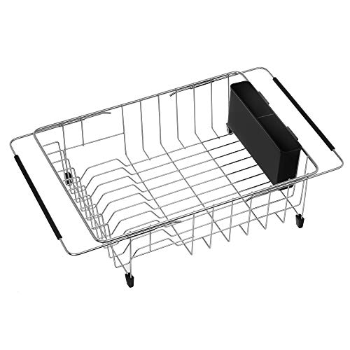Expandable Multifunctional Dish Drying Rack, Over The Sink, in Sink Or On Counter Dish Drainer Basket Shelf with Black Utensil Silverware Holder, Rustproof Stainless Organizer