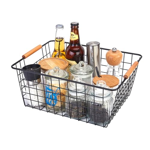 Large black wire basket for Organizing with Wooden Handles,pantry refrigerator organizers and storage,Snack Storage Baskets for Cabinets, Closets, Bedrooms, kitchen -2pack（Black） - view 4