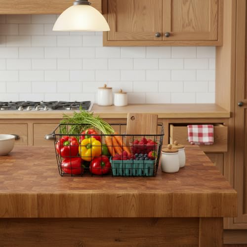 Kitchen Wire Baskets Farmhouse Decor Metal Food Storage Organizer, Household Refrigerator Bin with Built-in Handles for Cabinets,Pantry Set of 2 Black - view 5