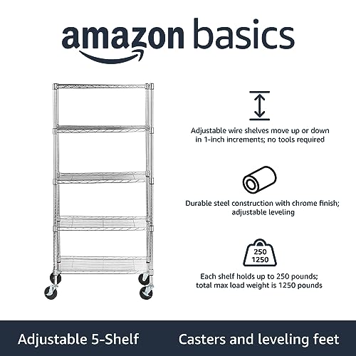 5-Shelf Adjustable, Heavy Duty Storage Shelving Unit on 4" Wheel Casters, Easy to Move Portable Wire Shelving, No Tools Needed for Easy Assembly, 30" x 14" x 64.8", Chrome - view 3