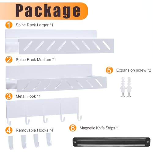 Magnetic Spice Rack for Refrigerator,4 Pack Metal Magnetic Shelf White with Hooks,Magnetic Knife Rack & 4 Hooks,Heavy Duty Space Saving Storage for Spices,Hollowed-out - view 2