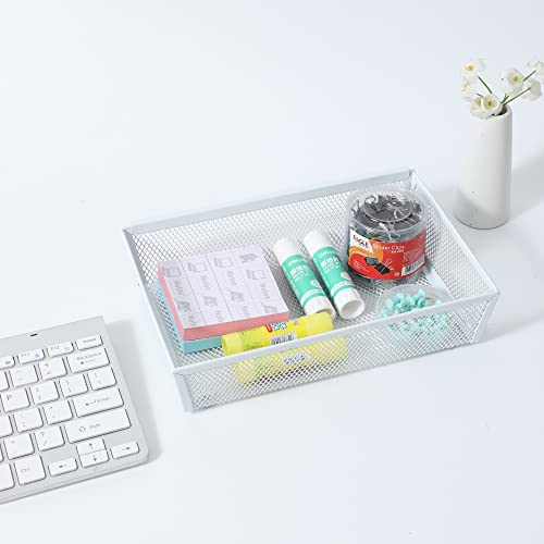 Mesh Tray Kitchen Drawer Utensil Cutlery Tray Office Supplies with Inter-locking Arm Drawer Dividers Organizer for Silverware, Flatware, Home,Office, School,Bedroom(9＂X6＂4pack) White - view 4