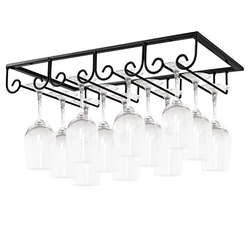 Under Cabinet Wine Glass Rack Stemware Rack, Wine Glasses Hanger Rack Wire Wine Glass Holder Storage Hanger for Cabinet Kitchen Bar (Black, 4 Rows 1 Pack)