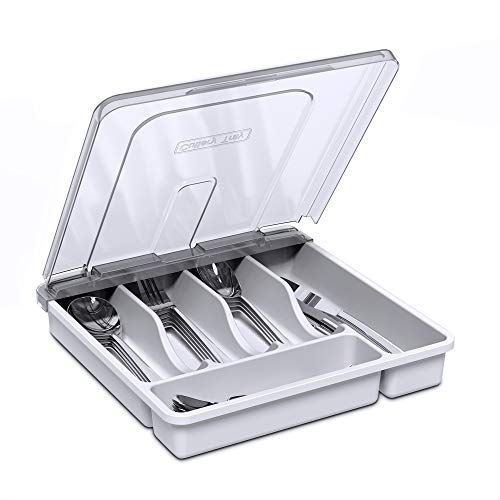 Utensil Holder for Countertop with Lid, Plastic Silverware Tray for Drawer, 5 Compartments Flatware Organizer, White