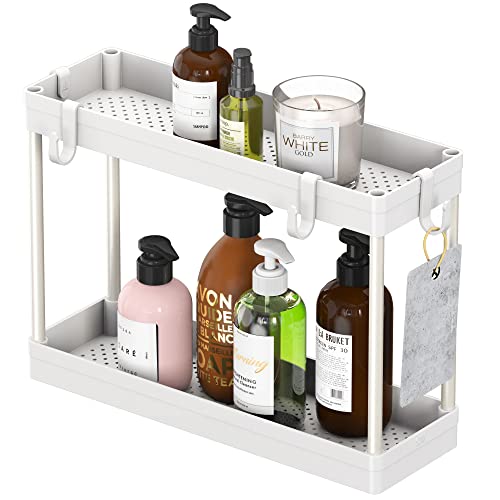 2-Tier Under Sink Organizer Storage Tray with Hooks, White - view 2
