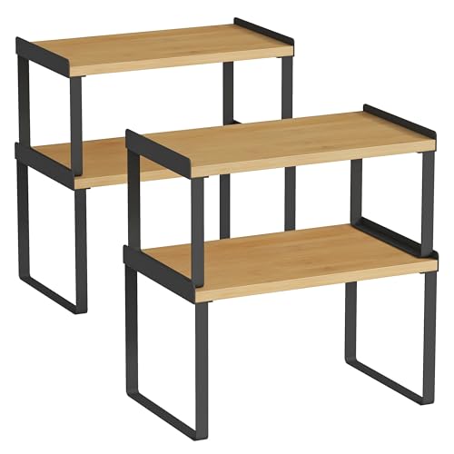 Cabinet Shelf Organizer Set of 4, Kitchen Counter Shelf Riser for Plates Dishes Cups Mugs Spices, Pantry Cupboard Cabinet Organizers and Storage Shelves Rack Insert for Countertop (Bamboo Wood)