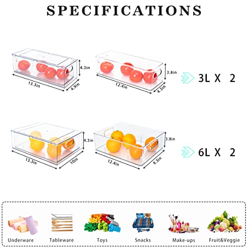 Fridge Drawer Pull Out Stackable Bins with Handle Clear Refrigerator Drawers Organizer Food Storage Container Box with Dividers Plastic Produce Saver for Pantry, Cabinet, Kitchen, Clothes（4Pack） - view 6