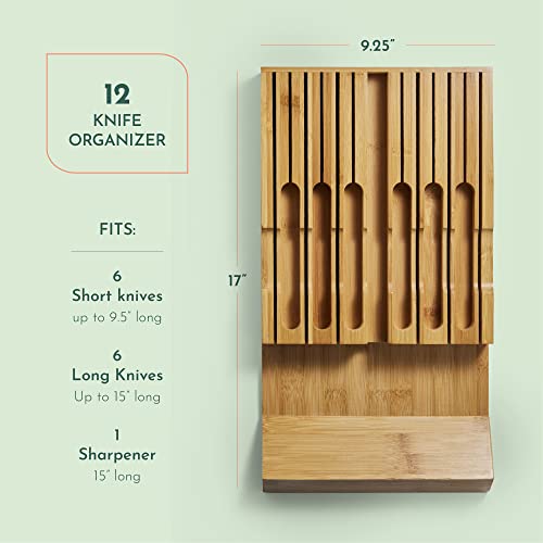 High-Grade 100% Bamboo Knife Drawer Organizer - 12 Slots Plus Sharpener, Secure, Practical, Eco-Friendly Knife Block - view 4